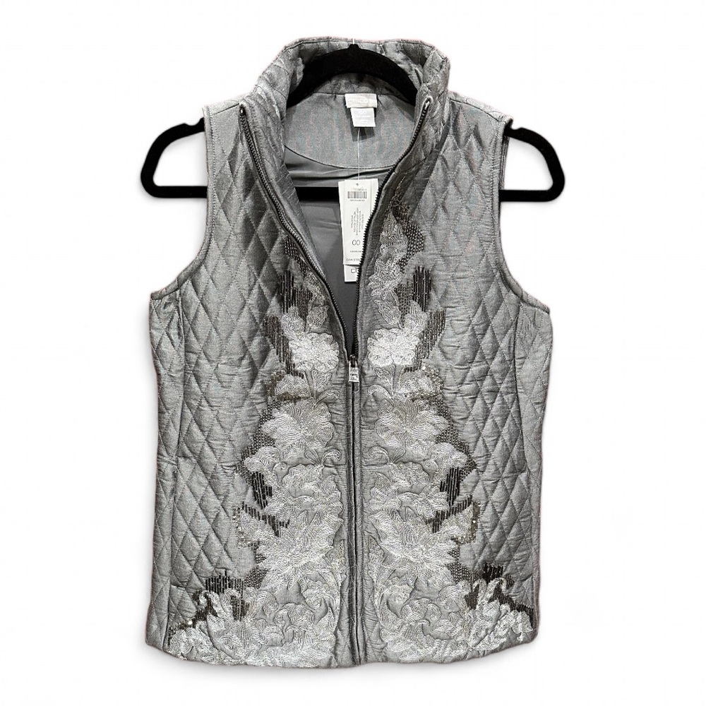 Chicos Richly Embellished Quilted Vest Pewter Chicos Size 00 (XS) NWT